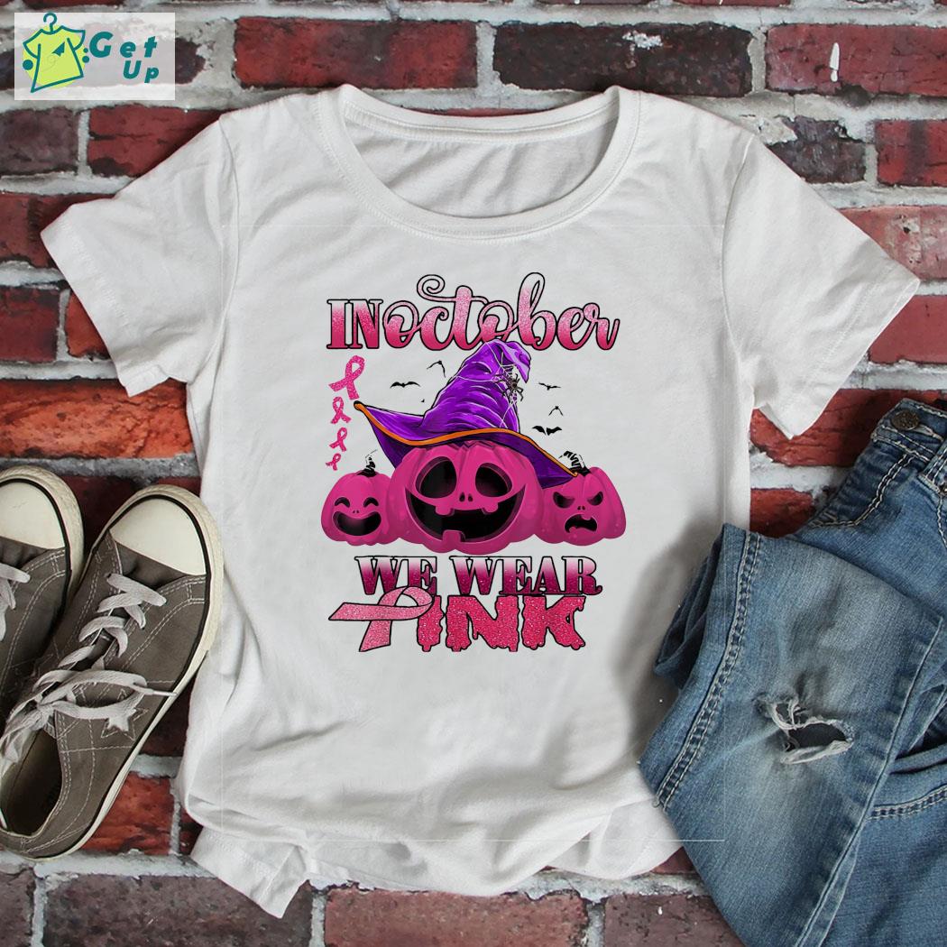 Premium pumpkin in october we wear pink breast cancer awareness halloween t-shirt