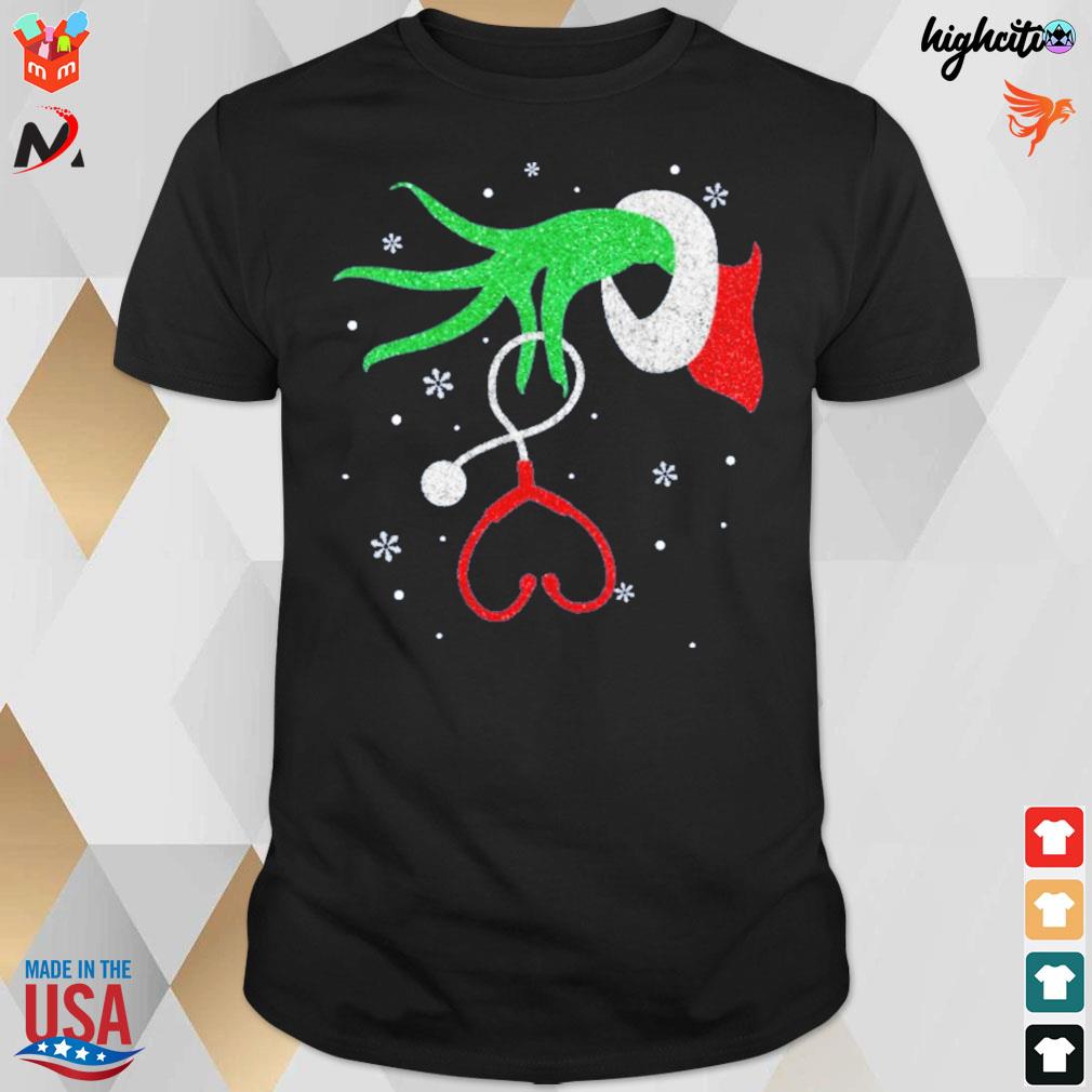 Christmas hand Grinch and stethoscope t-shirt