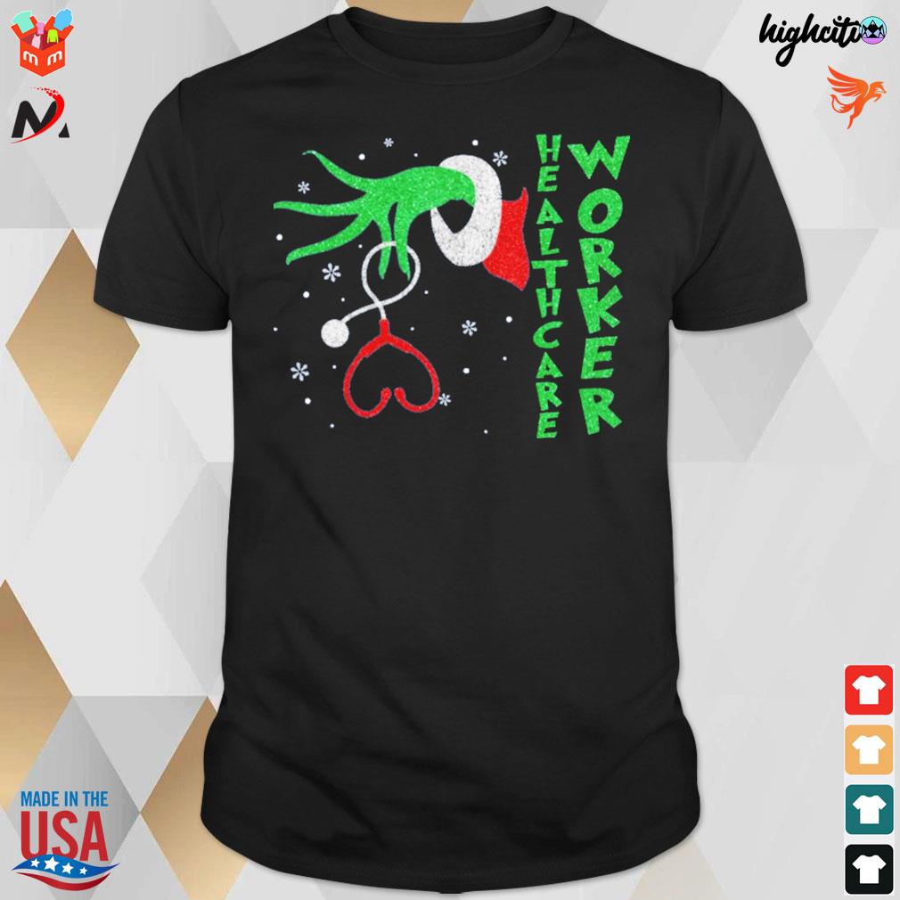 Healthcare worker christmas Grinch hand and stethoscope t-shirt