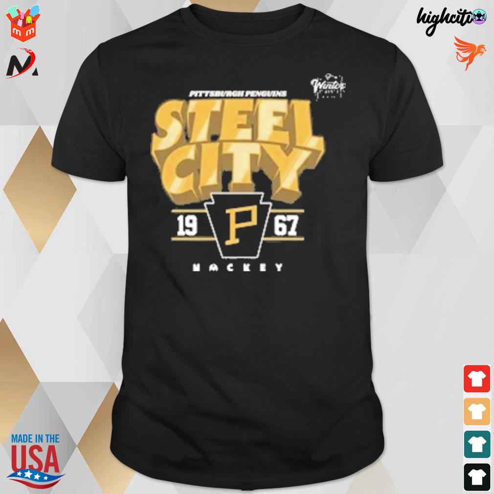 Pittsburgh penguins fanatics steel city 19 67 hackey branded 2023 nhl winter t-shirt