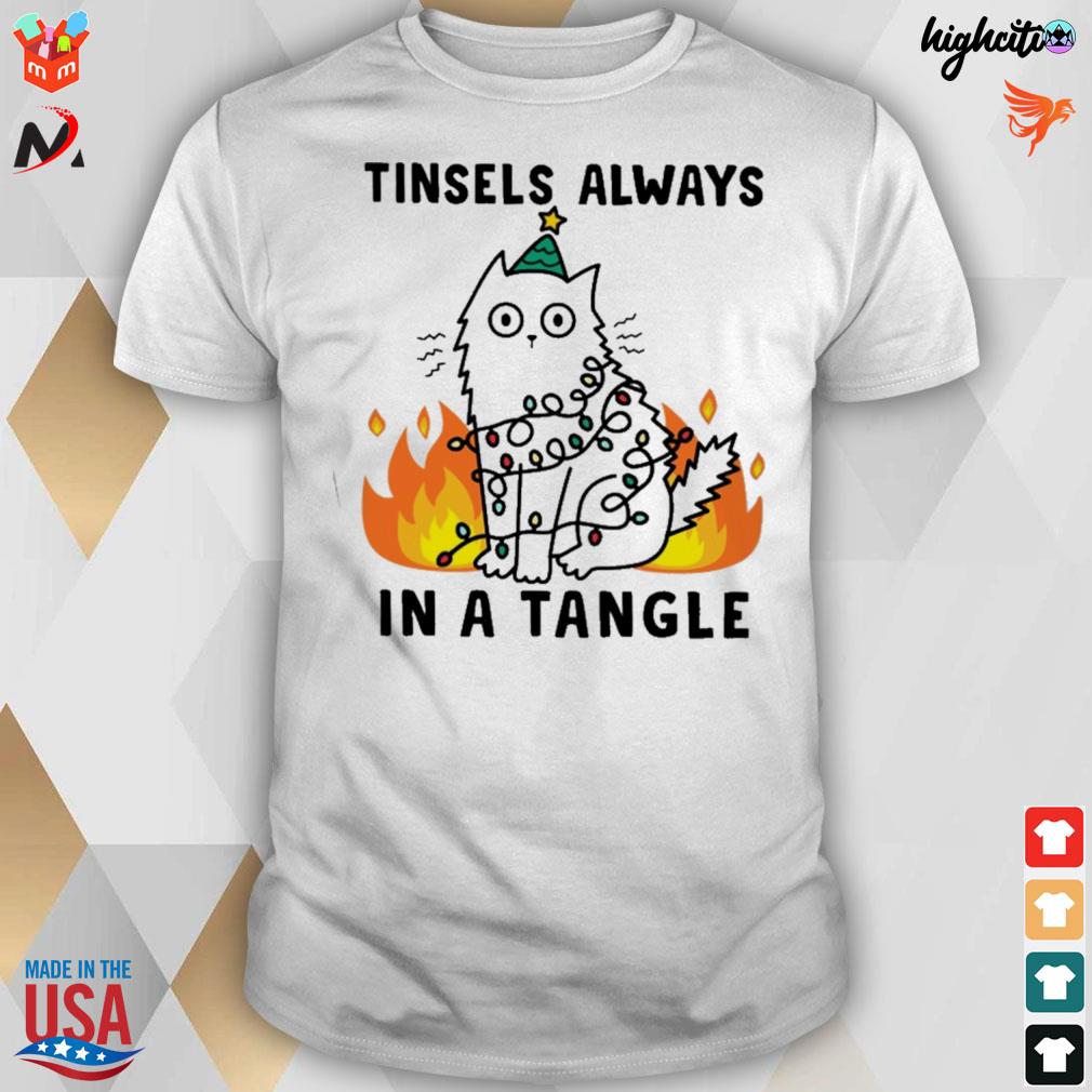 Tinsels always in a tangle Christmas white cat and fire t-shirt