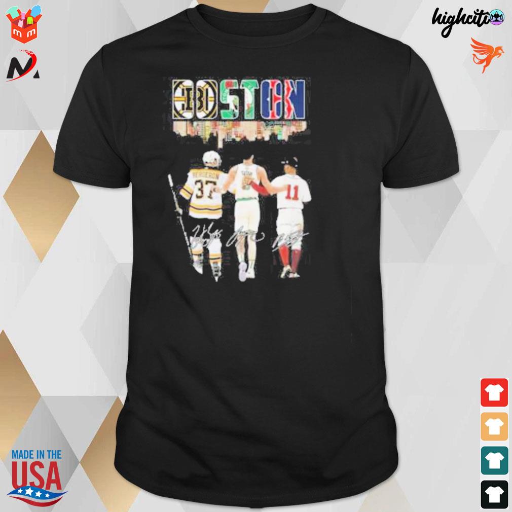 Boston sports team skyline Patrice Bergeron Jayson Tatum and Rafael Devers signatures t-shirt