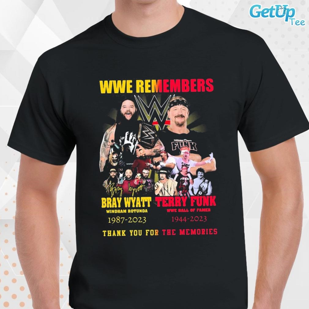 Limited Terry Funk 1944 – 2023 and Bray Wyatt 1987 – 2023 Thank You For The Memories WWE Remembers Signatures photo design T-shirt